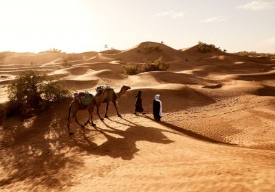 A beautiful shot of people walking with their camels in the desert of Erg Lihoudi in Morocco